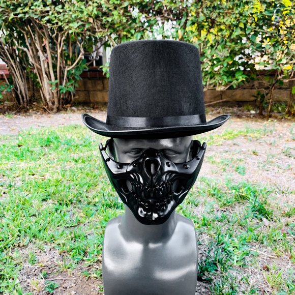 Black Steampunk Mouth Skull Mask & with TOP Hat Halloween Dress Up Costume Party - Picture 2 of 3